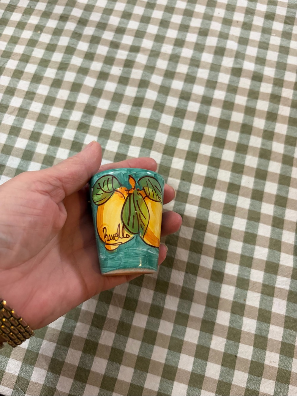Hand-Painted Lemon Ceramic Shot Cup - Teal & Yellow
